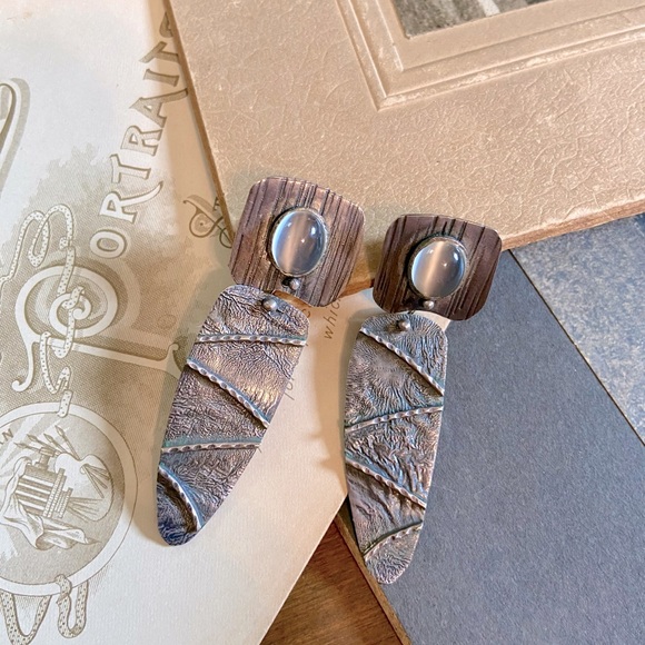 Highly Textured Artisan Made Sterling Silver Pierced Ear drop Earrings - Picture 6 of 10